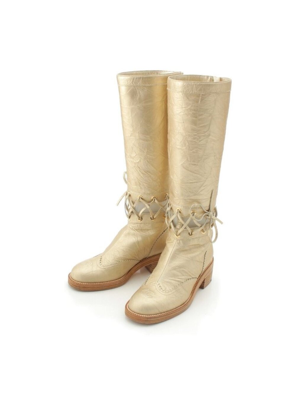 Chanel Leather CC Logo Metal Boots Long Gold 37c